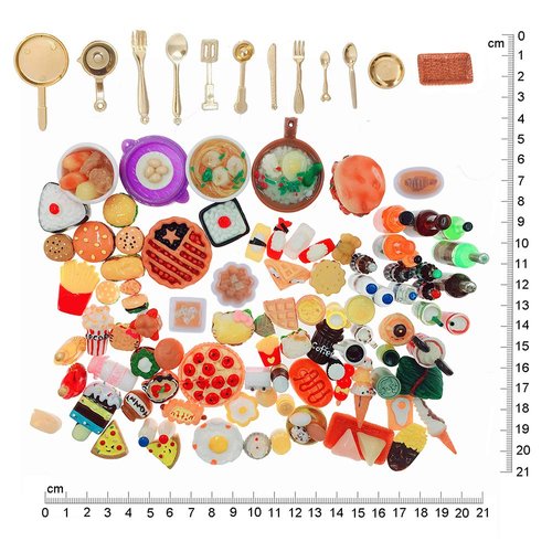 SIX VANKA Miniature Food Drinks Toys 110pcs Mixed Resin Pizza Hamburgers French Fries Wine Decoration Tableware Doll house for Adults Childrens Pretend Play Kitchen Cooking Game Birthday Party Present