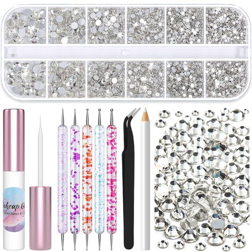 Shynek 3600Pcs Gems Rhinestones with Makeup Glue, Tweezers Dotting Tools for Face Nail Art Body Hair Eye Jewels Crafts Decoration