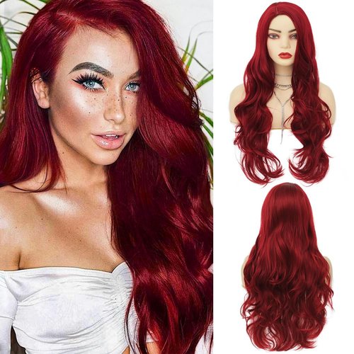 Amnenl Ombre Red Wig Short Curly Wavy Bob Wigs Synthetic Wavy Bob Wigs for Women Shoulder Length Middle Part Natural Looking Wigs (Red Long Curly)