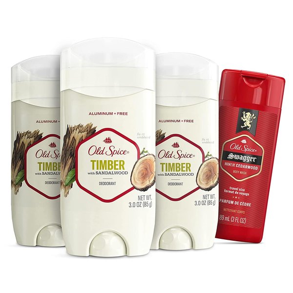 Old Spice Men's Deodorant Aluminum-Free Timber with Sandalwood, 3.0oz Pack of 3 with Travel-Size Swagger Body Wash