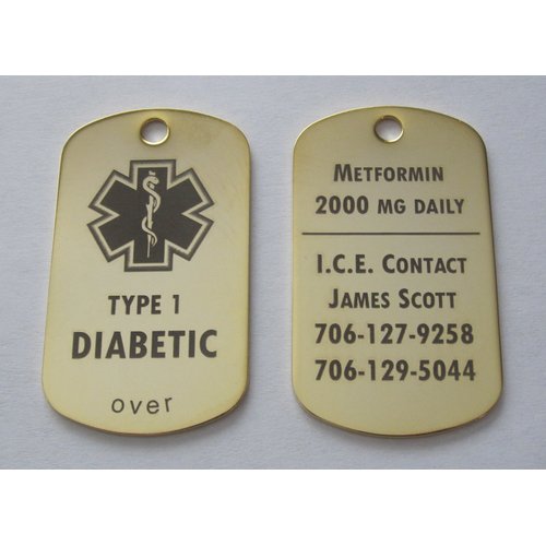 Custom Engraved Diabetes Diabetic Medical Alert Tag Pendant Necklace in Gold or Silver (Gold) - Free Personalization