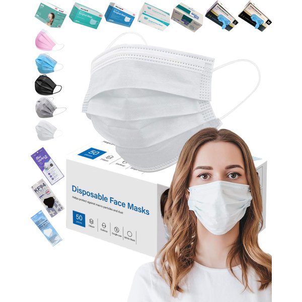 Petseeker 1 Box of 50 Pcs White Disposable Face Masks High Filtration Ventilation 3 Layers White Layers Count 50 Count
