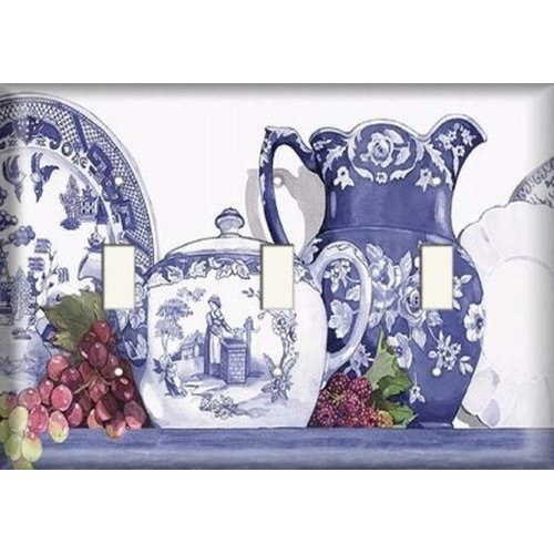 SnazzySwitch Blue and White Teapot Decorative Light Switch Cover - Triple Toggle Wall Plate