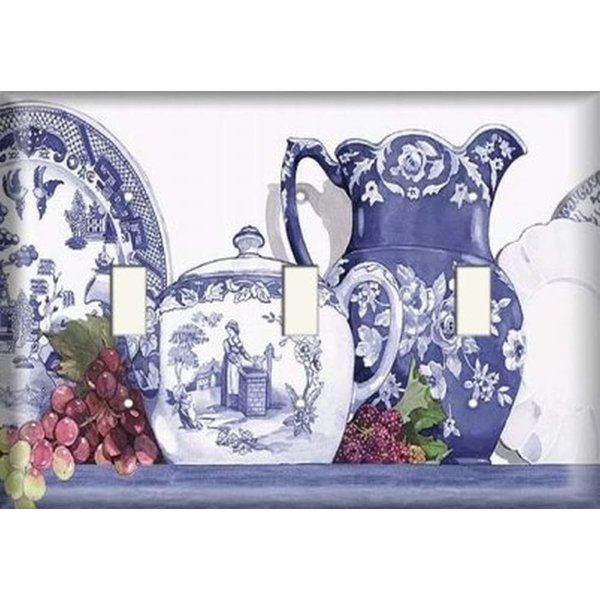 SnazzySwitch Blue and White Teapot Decorative Light Switch Cover - Triple Toggle Wall Plate