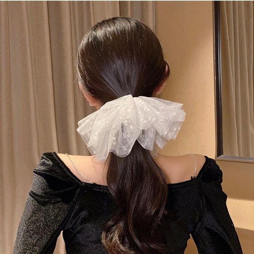 LINAYOHA 1Pcs Oversize White Polka Dot Organza Tulle Scrunchie for Girl Women Double Layer Dot Ruffle Tulle Mesh Fluffy Scrunchie Big Bulk Elastic Ponytail Holder Hair Tie Accessory Fashion Gift
