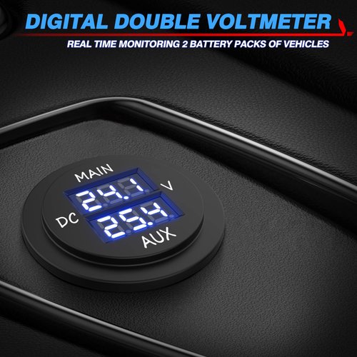 MICTUNING LED Digital Double Voltmeter, Round Panel Voltage Monitor Blue for Car Pickup RV Truck Dual Battery Pack
