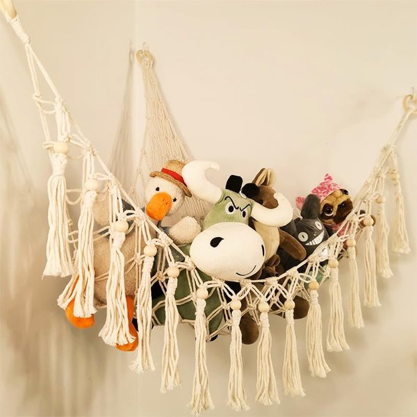 Pluvial Stuffed Animal Storage Hammock with LED Light - Versatile Toy Organizer - Space-Saving Corner Design - Ideal for Kids Room Decor, Included Anchors & Hooks, Beige