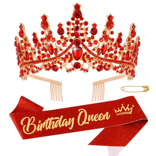 Chanaco Birthday Sash Birthday Crowns for Women Birthday Queen Sash Birthday Tiara Red Crown Happy Birthday Decorations Princess Rhinestone Headband Birthday Party Suppliers Gifts