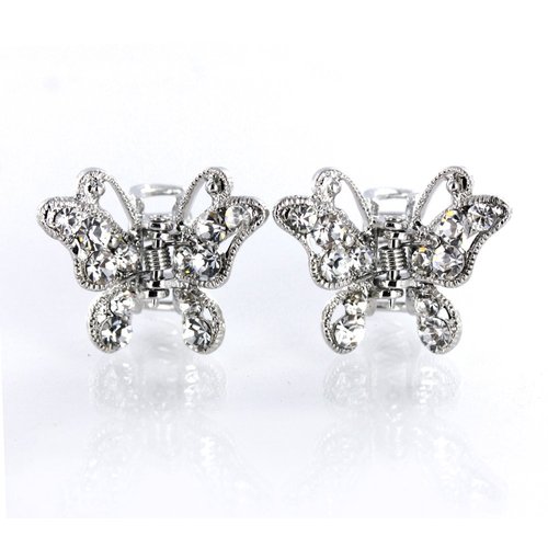 Small Decorative Hair Jaw Clips Vintage Butterfly Rhinestone Crystal Hair Claw Clips, Set of 2, White