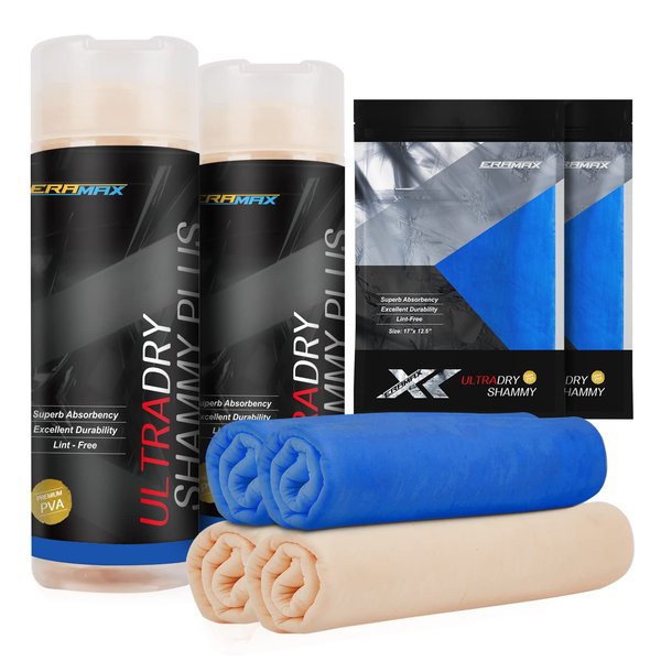 Eramax Super Value 4 Pack Professional Shammy Towel for Car (2XL and 2 Mini Chamois Cloth for Car Drying) Super Absorbent Car Drying Towel, Car Chamois and Car Wash Cloth