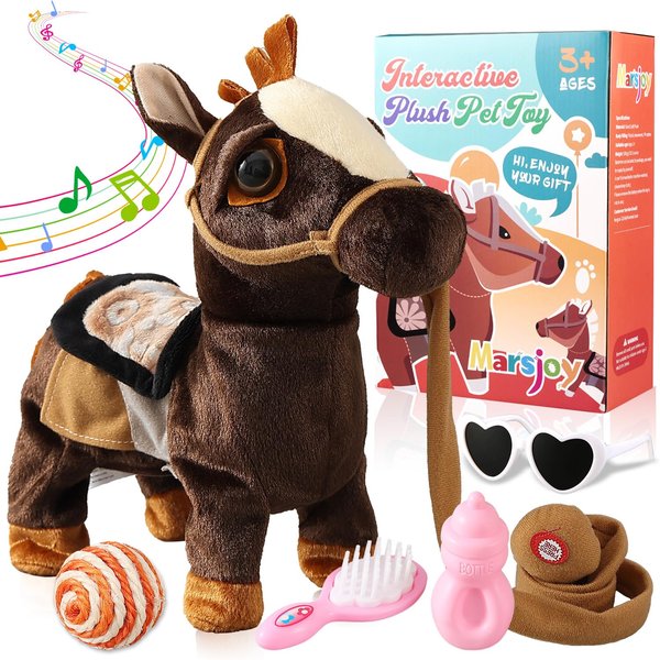 Marsjoy Black Walking Pony Toy Musical Singing Dancing Plush Interactive Pony Walk Along Toy Horse with Leash Pony Robot Stuffed Animal Toy for Boy Girl Ages 3+ H: 11.81" Age 3+