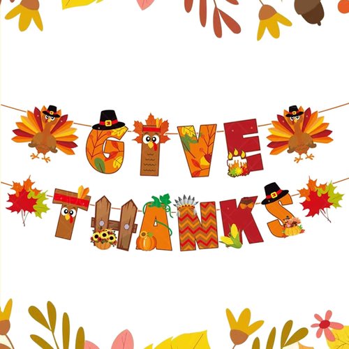 DONCIDAY Give Thanks Banner –NO-DIY - Happy Fall Banner Thanksgiving Party Decorations Colorful Harvest Theme Party Supplies Cute Orange Garland Turkey Patch Party Supplies for Fireplace Mantle