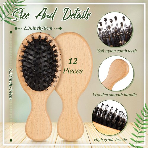 Tessco 12 Pcs Mini Travel Wooden Hair Brush for Women Girls Hair Mini Pocket Hairbrush Boar Bristle Hair Brushes Small Wooden Hair Brush Bulk for Thick Curly Thin Long Short Wet or Dry Hair