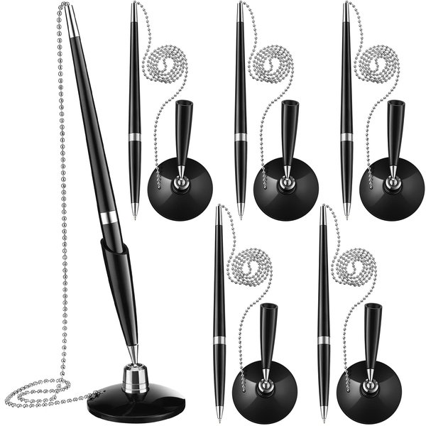 Zonon Secure Pen with Adhesive Pen Chain and Security Pen Holder Black Desk Pen with Chain Ink Reception Counter Pen for Home Office Supplies(6 Pieces)