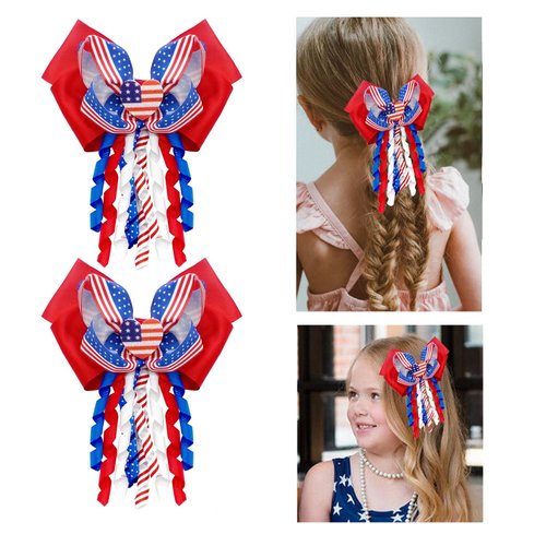 JUCCPUL 2Pcs 4th of July Big Hair Bows Clips for Girls 5inch American Flag Barrette Hair Bow Patriotic Stars and Stripes Hairgrips Baby Girls Women Hair Accessories