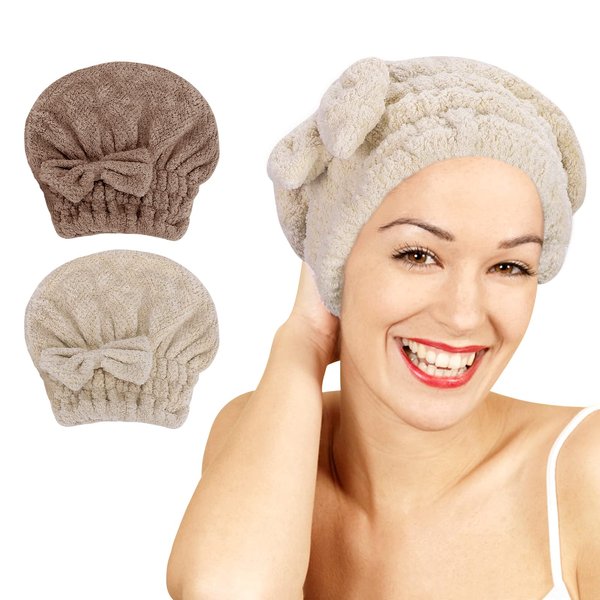 Unaone 2 Pack Microfiber Hair Drying Towels, Super Absorbent Turban Hair Towel Cap, Quick Dry Head wrap with Bow-Knot Shower Cap for for Curly, Long, Thick Hair & Wet Hair (Coffee & Brown)