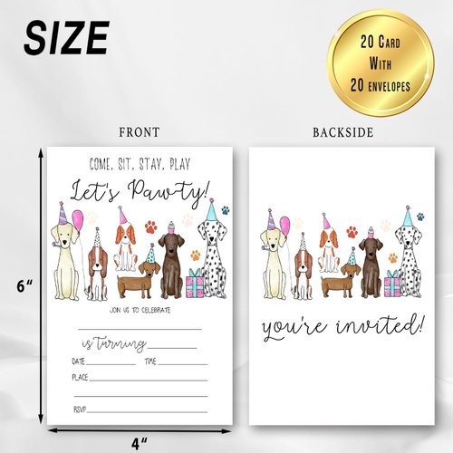 Come Sit Stay Play - Puppy Dog Theme Birthday Invite for Girls Boys Teen Friends, Cute Pet Birthday Party Invitations Card, 20 Invitations With Envelopes, Birthday Party Supplies & Decorations -004