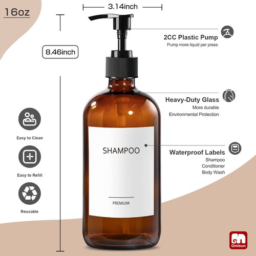 GMISUN Glass Amber Shampoo and Conditioner Dispenser Bottles, Refillable Shampoo and Conditioner, Body Wash Dispenser Bottles with Pump, Empty Reusable Bathroom Shower Bottles Set, 3 Pack(Amber)