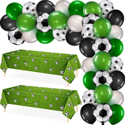 32 Pieces Soccer Party Decoration Supplies Include 30 Soccer Party Balloons and 2 Football Theme Tablecloths 6 Colors for Soccer Birthday Party, Jungle Theme Party, Baby Shower, Anniversary, Wedding