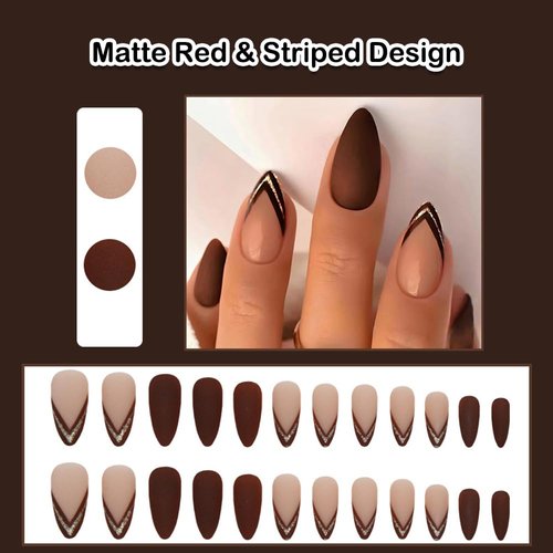 ANDGING Matte Red Press on Nails Almond Short Medium French Tip Glue on Nails with Striped Design Fake Nails for Wedding Birthday Acrylic False Nails Women Girls 24Pc Gel Stick on Nail with Glue AL99