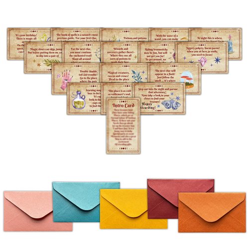 Halloween Wizard Treasure Hunt Clues Game Cards, Magic Party Scavenger Hunt Card Game(17 Cards with Envelopes), Outdoor Indoor Halloween Party Supplies Activities for Teens Kids Adults(02)