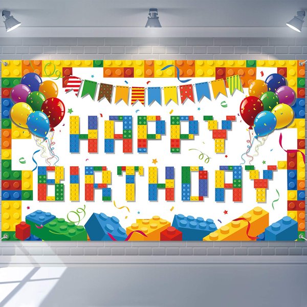 Tatuo Building Block Birthday Banner Building Blocks Party Backdrop Building Blocks Birthday Party Decoration Birthday Banner Photography Background for Party, 72.8 x 43.3 Inch