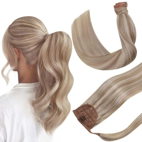 Hetto Blonde Ponytail Extensions Human Hair Ponytail Extensions #18 Ash Blonde Highlight #613 Bleach Blonde Pony Tails Hair Extensions Human Hair 12 Inch 70g