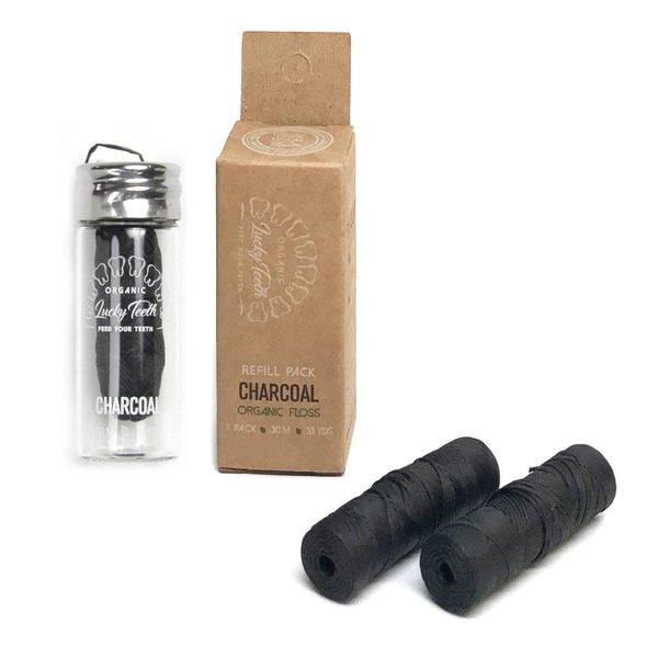 Organic Bamboo Fibre with Activated Charcoal Floss in Glass jar + REFILLS with Tea Tree and Peppermint essential oils 90 m / 99 yds total - by Lucky Teeth (1+2 Pack)