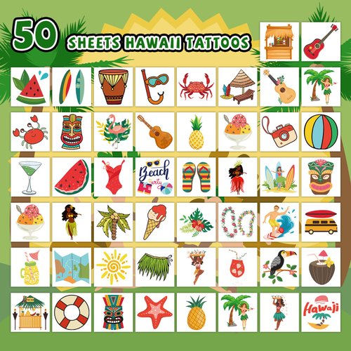 EMOME 50 Individually Wrapped Sheets Hawaiian Kids Tattoos Luau Pool Party Decorations, Beach Tattoos Stickers for Beach Themed Decor Gifts, Water Tattoos for Kids Goody Bag Stuffers