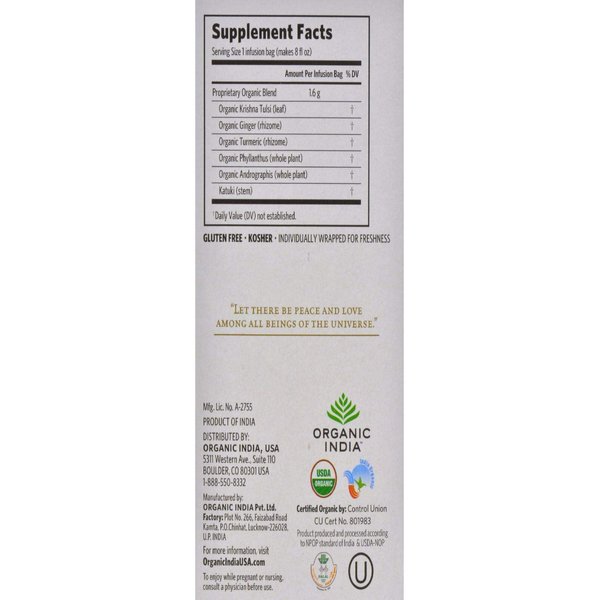 Organic India Tulsi Cleanse Herbal Tea - Calming & Detoxifying, Immune Support, Adaptogen, Vegan, Gluten-Free, USDA Certified Organic, Non-GMO, Caffeine-Free - 18 Infusion Bags, 1 Pack