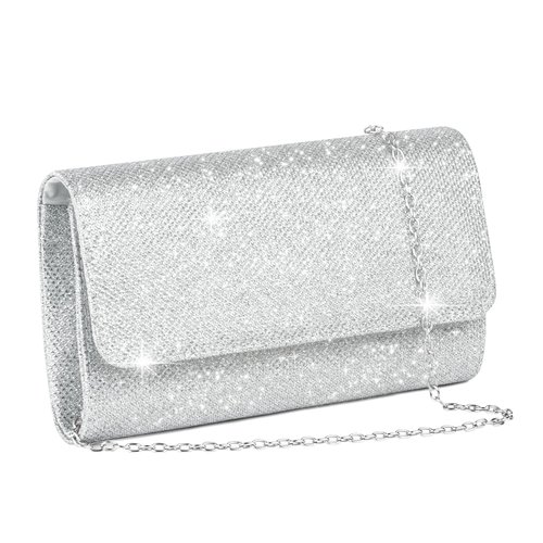 OSDUE Glitter Evening Bag Clutch Purses for Women, , Sparkling Envelope Evening Bag with Detachable Chain, for Prom, Wedding, Party, Banquet, Date (Silver)