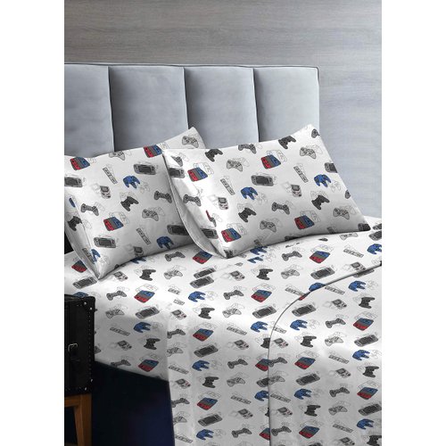 Kids Rule 3-Piece Game Controllers Sheet Set | 1 Twin Flat Sheet, 1 Twin Fitted Sheet & 1 Queen Pillowcase | 100% Softly Brushed Microfiber Polyester | Soft, Smooth & Durable | Ideal for Kids | Grey