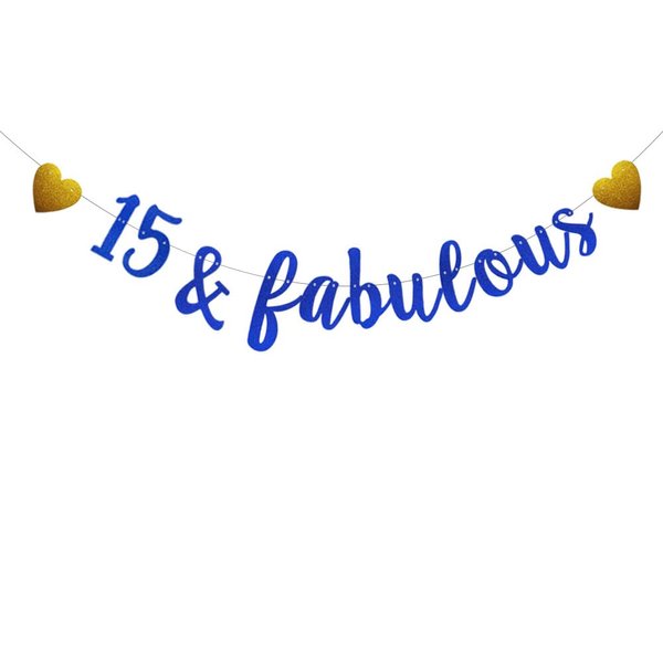 15 & Fabulous Banner,Pre-Strung,Blue Glitter Paper Banner Sign Garlands,15th Birthday/Anniversary Party Decorations Supplies,Letters Blue,SUNbetterland