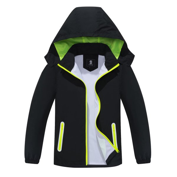 SaphiRose Kids Rain Jacket Waterproof Raincoat Mesh Lined Coat with Removable Hood for Boys Girls (Black,6-7years)