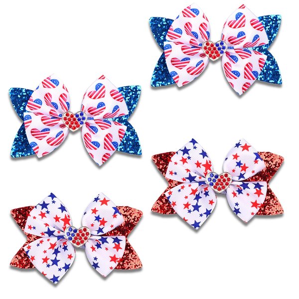4th of July Bow Hair Clips for Girls Women, 4PCS Independence Day American Flag Patriotic Star Hair Bow Clips Sequin Bow Hairgrips Red White and Blue Accessories for Kids Toddlers Baby Memorial Day