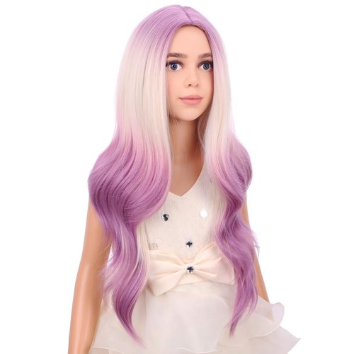 PATTNIUM Blonde Ombre Purple Wig Kids Child Wig Long Curly Wavy Light Purple Wig Blonde to Purple Wig Middle Part Girls Wig Heat Resistant Synthetic Hair Wig with Wig Cap