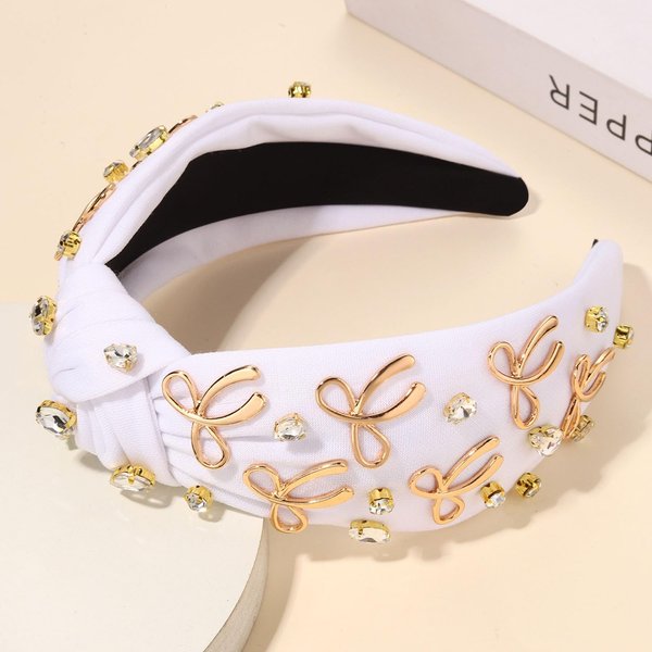 PHALIN Bow Headband for Women Gold Butterfly Bow Knot Headbands Embellished Rhinestone Crystal Wide Top Knot Headband Jeweled Ribbon Bow Hair Accessories Party Favors Gifts (White)