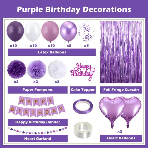 HEDUPT Purple Happy Birthday Party Decorations for Women Girls with Happy Birthday Banner, Purple Balloons, Foil Fringe Curtains, Tissue Paper Pompoms, Heart Garland, Cake Topper