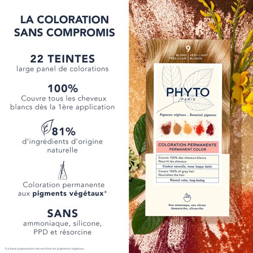 PHYTO Phytocolor Permanent Hair Color, 9 Very Light Blonde, with Botanical Pigments, 100% Grey Hair Coverage, Ammonia-free, PPD-free, Resorcin-free, 0.42 oz.
