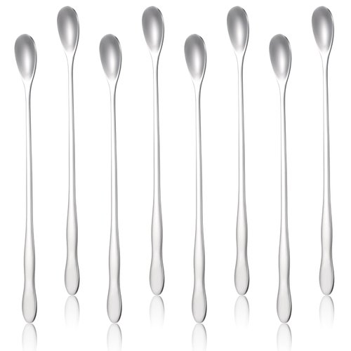 Ptwola 8 Pcs Coffee Tea Spoons Long Handle Stainless Steel Stirrers Ice Tea Drink Cocktail Stir Sticks Mixing Bar Spoon Reusable Tiny Condiment Stirring Spoon for Milkshake Cold Beverage Swizzle