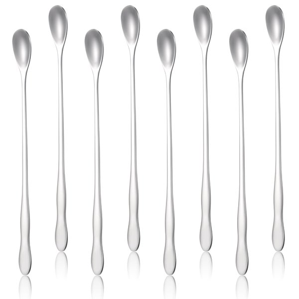 Ptwola 8 Pcs Coffee Tea Spoons Long Handle Stainless Steel Stirrers Ice Tea Drink Cocktail Stir Sticks Mixing Bar Spoon Reusable Tiny Condiment Stirring Spoon for Milkshake Cold Beverage Swizzle