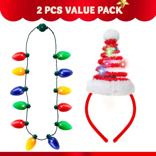JOYIN 2 Pcs Christmas Lighted Necklace and Santa Hat Headband, Christmas LED Necklace with 12 Bulbs and Xmas Headwear for Christmas and Holiday Perties Xmas Costume Accessories Christmas Party Favors
