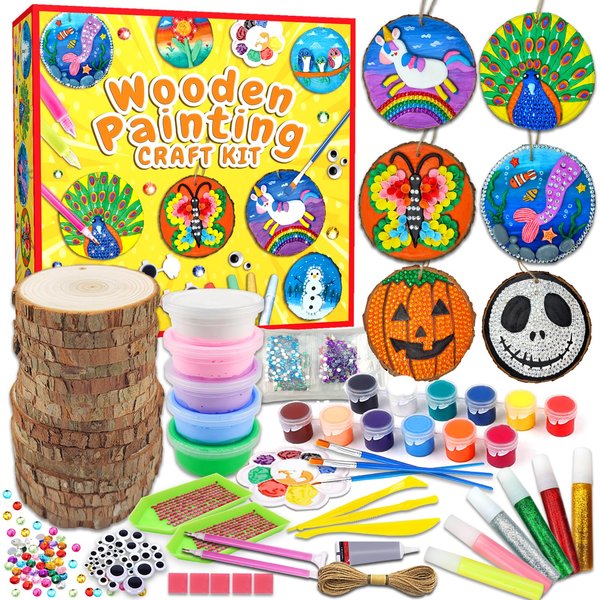 Wakestar Unfinishied Wood Slices for Arts and Crafts-Glow in The Dark Wooden Painting Kit for Kids Girls Age 5-12 Years Old-Air Dry Clay Crafts Toys for Birthday Christmas Halloween Gifts
