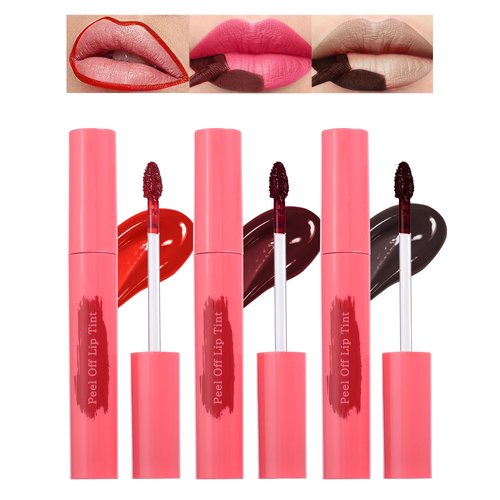Peel Off Lip Tint Stain 3pcs Set,Tattoo Lip Liner Stain with Matte Finish,Lip Gloss Long Lasting Waterproof Smudge Proof Nonstick Cup Tinted colored Lip Stain,Lip Makeup Gift for Women 02+04+06