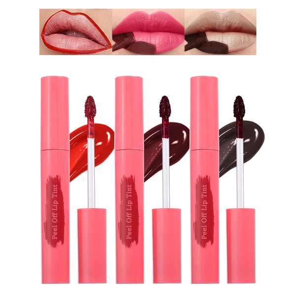 Peel Off Lip Tint Stain 3pcs Set,Tattoo Lip Liner Stain with Matte Finish,Lip Gloss Long Lasting Waterproof Smudge Proof Nonstick Cup Tinted colored Lip Stain,Lip Makeup Gift for Women 02+04+06