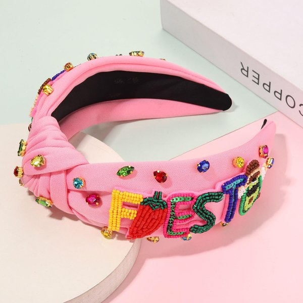 NVENF Mexican Headband for Women Cinco De Mayo Fiesta Pianata Chili Sombrero Headband Rhinestone Crystal Jeweled Wide Top Knot Headband Mexican Hair Accessories Gifts (Fiesta A-Pink)