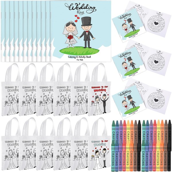 Tenceur 12 Packs Wedding Activities for Kids Include 12 Pcs Wedding Coloring Book, 12 Pcs Non Woven Wedding Favors Bags and 12 Sets Activity Crayons for Wedding Scavenger Hunt Game Reception
