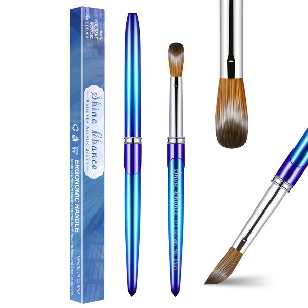 Shine Chance Acrylic Nail Brush Size 12, 100% Pure Kolinsky 3D Art Nail Brush with Gradient Blue Handle, Art Design Powder Nail Brush Pen for Nails Extension & Carving, Acrylic Application Tools