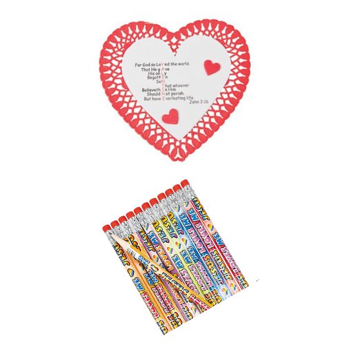 Queen of the Castle “John 3:16” Valentine Craft Kit - Makes 12 and 12 Religious Pencils (Words Will Vary)