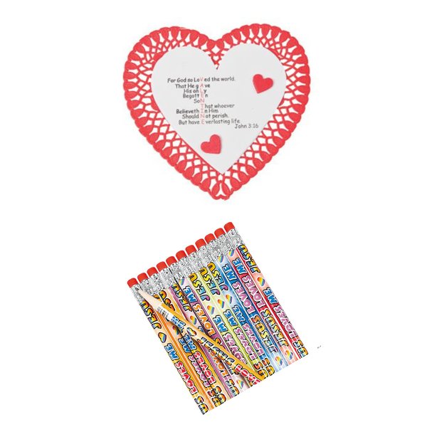 Queen of the Castle “John 3:16” Valentine Craft Kit - Makes 12 and 12 Religious Pencils (Words Will Vary)